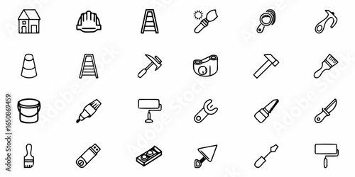 Illustration of various construction and building icons including tools and safety equipment in black outline