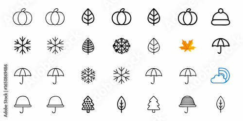 Illustration of various seasonal icons including pumpkins leaves snowflakes umbrellas and a winter hat design