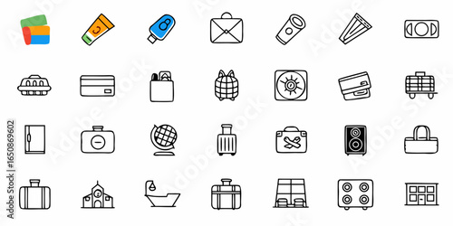 Illustration of assorted travel and everyday objects including luggage and electronics in a grid format