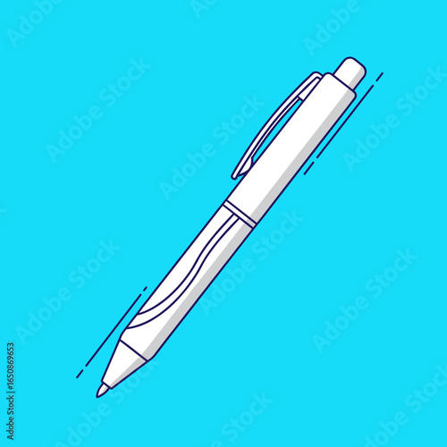 A simple white ballpoint pen with a clip isolated on a bright cyan blue background with subtle abstract line designs adding a modern artistic touch