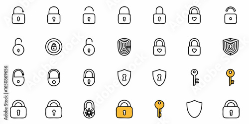 Collection of various security icons including locks keys and shields in a simple outline style design