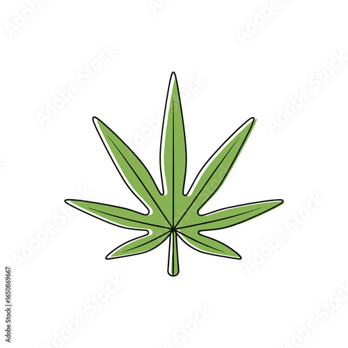 Green cannabis leaf illustration with simple lines and subtle shading on a white background symbolizing natural plant growth and botanical elements