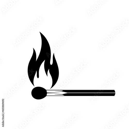 Illustration of a lit match with a bright flame burning against a white background representing fire and ignition