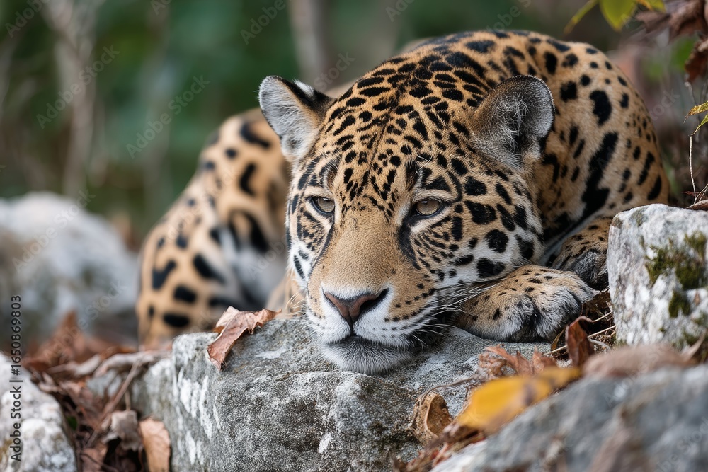 Fototapeta premium A jaguar resting on a rock
