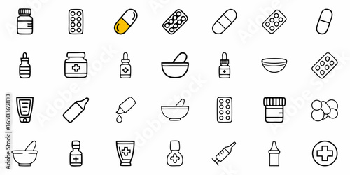 Collection of medicine icons featuring pills, bottles, mortars, and other medical supplies in black outline