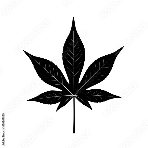 Black cannabis leaf symbol with prominent veins and distinct lobes representing nature and healthy growth