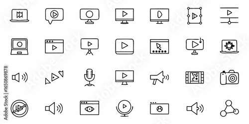 Various media and technology icons including video players computers cameras and sound related symbols art