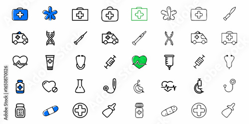 Collection of medical icons featuring first aid kits, ambulances, dna, syringes, and various other tools