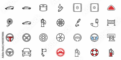 Illustration featuring various automotive related icons including cars and car parts displayed