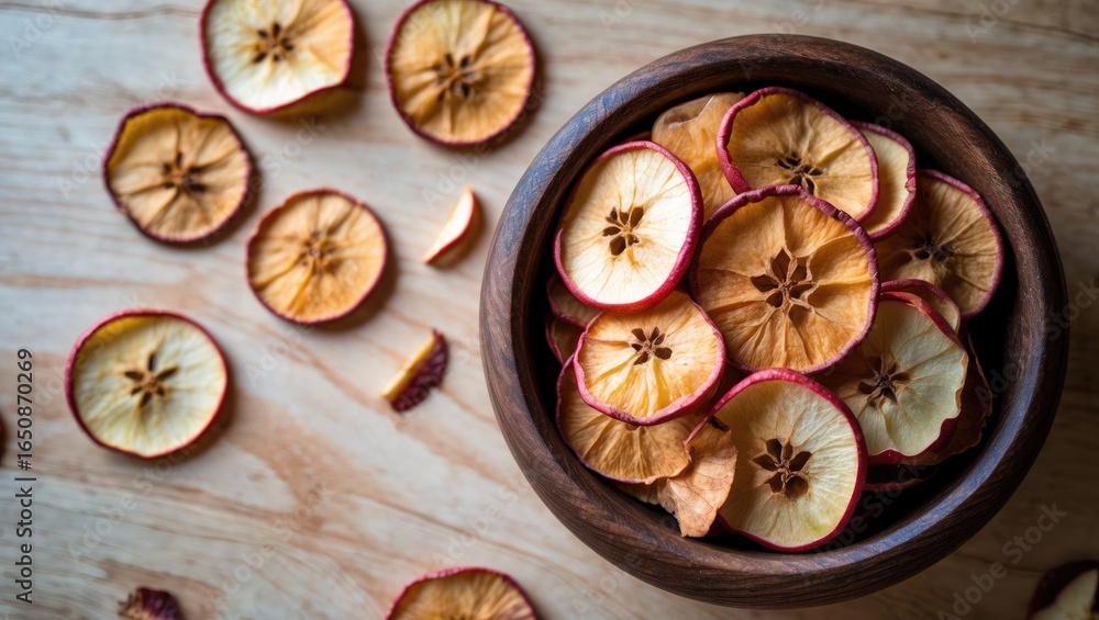 Fototapeta premium Slices of dried apple in a wooden bowl with some scattered on a wooden surface.
