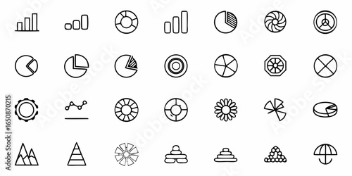 Collection of various chart types and diagram icons including bar pie line and geometric shapes set in rows
