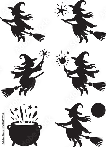 Whimsical witches fly on brooms casting magic spells