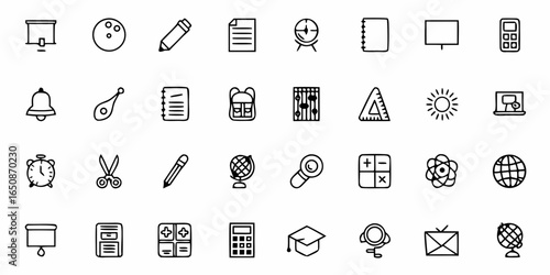 Collection of education and school related icons including a globe, calculator, and notebook design set