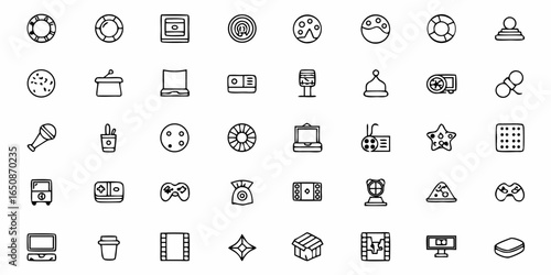 Collection of various doodle style icons including food, electronics, and gaming elements in black outline