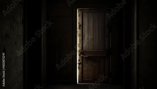 Old wooden door slowly creaking shut on its own: classic Halloween image of fear and mystery