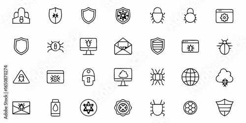 Outline icons representing cybersecurity threats and protection measures displayed in a grid format