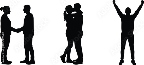 Silhouettes of people showing handshake, romantic kiss, and victory pose, diverse emotions and connection, love, success, relationship, and celebration concept