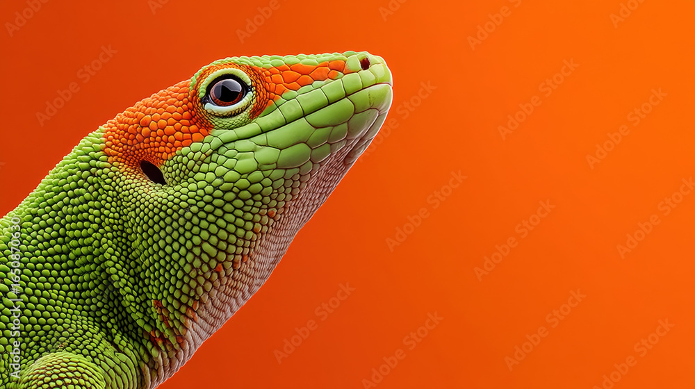 Fototapeta premium Close up of colorful gecko with textured scales and large eye, vibrant orange background