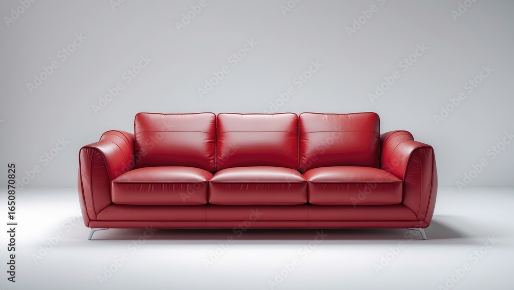 Fototapeta premium Red sofa with a sleek design placed against a neutral background, showcasing modern and comfortable furniture for living spaces.