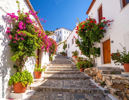 Fototapeta Naklejka Na Ścianę i Meble -  Sunny Greek Island Street with Steps, and Flowers.
