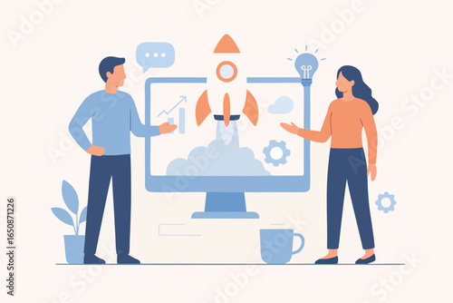 Vector illustration of business team discussing startup launch with rocket and technology screen.