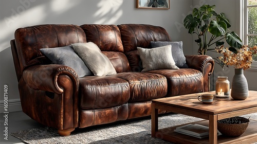 Stylish brown leather recliner sofa for living room high resolution photo