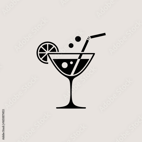 Cocktail Glass Icon – Drink with Straw and Lemon Slice Vector Illustration