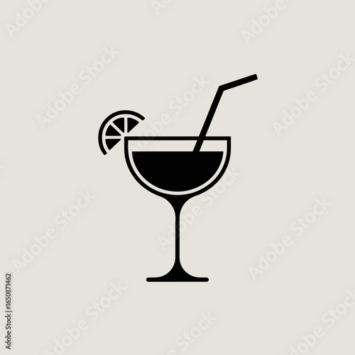 Cocktail Glass Icon – Drink with Straw and Lemon Slice Vector Illustration