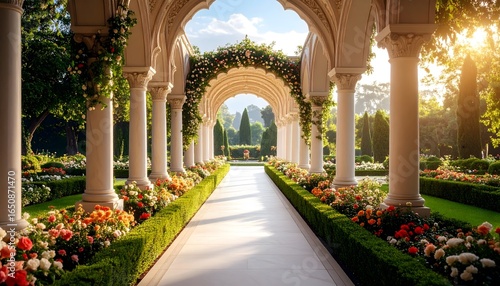 Royal garden with flower-draped columns