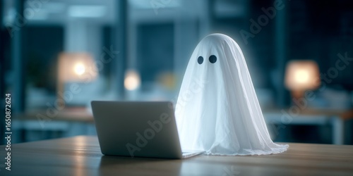 Ghost in white sheet using laptop in dark office