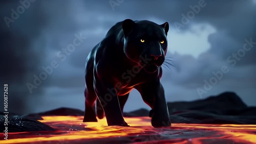 Majestic Black Panther Walking on Fiery Lava Under Dark Stormy Sky Orange Glow
