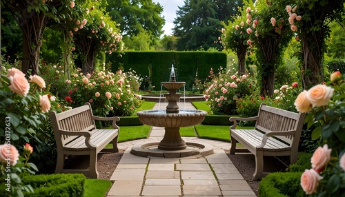 Rose garden with fountain and benches