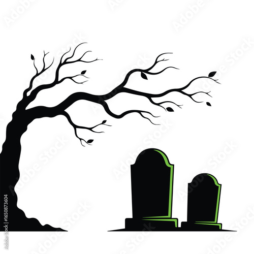 dark gnarled tree, gravestones, silhouette, spooky, haunting, gothic, halloween, eerie, atmospheric, dramatic lighting