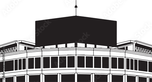 Modern office building facade with sleek design and billboard