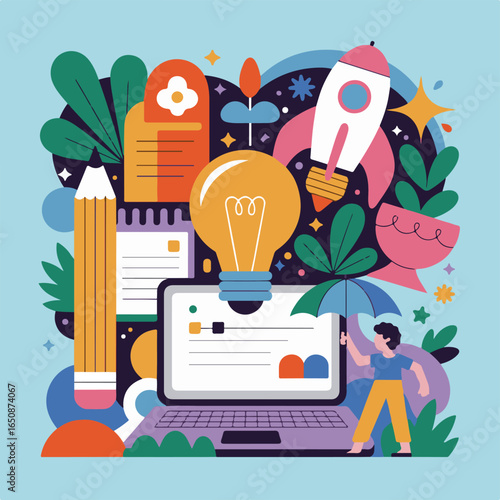 creative workspace illustration, vibrant office design with inspirational elements, Adobe Illustrator Artwork