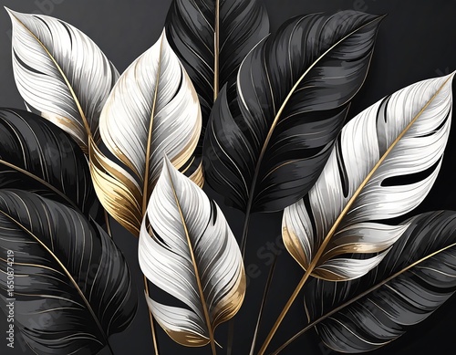 Elegance unveiled: A symphony of stylized leaves in monochrome and gilded accents design