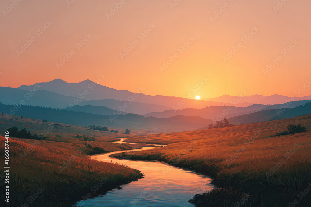 Obraz premium Serene sunrise over a calm river in a lush landscape nature's beauty at dawn captured light and colors of a tranquil sunset