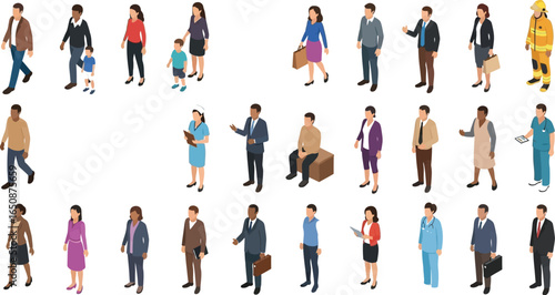 Isometric people vector illustration of diverse professions and occupations