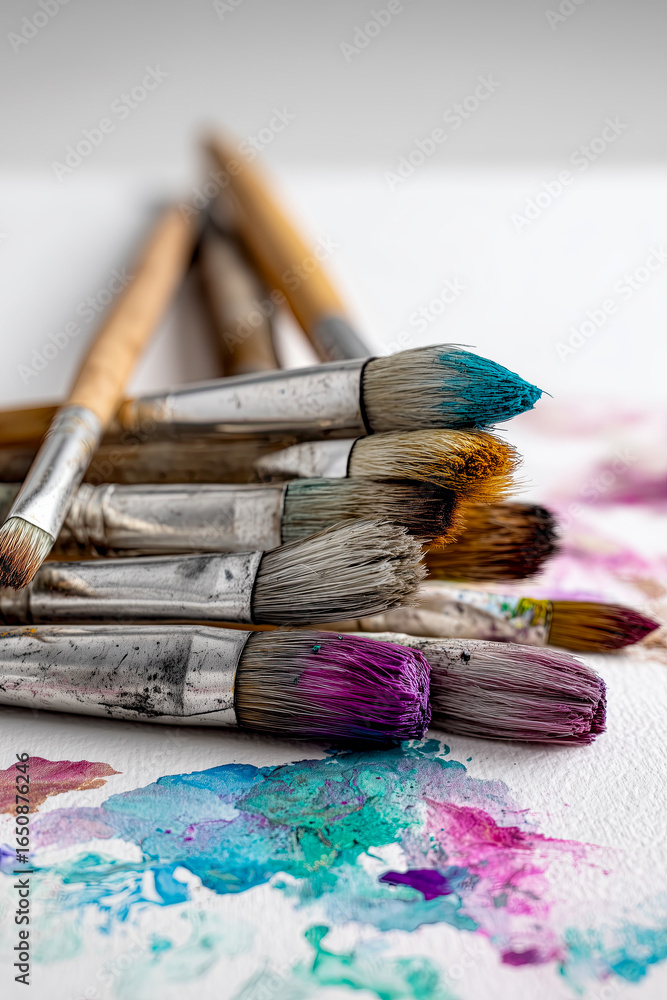Fototapeta premium Set of paintbrushes with a splash of paint on a white background