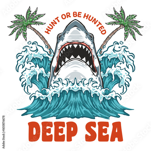 Shark emerging from ocean by palm trees