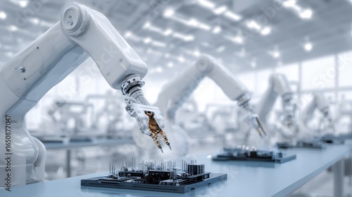 Robotic arms meticulously assemble circuit boards in a clean, high-tech factory setting, embodying automation and precision.