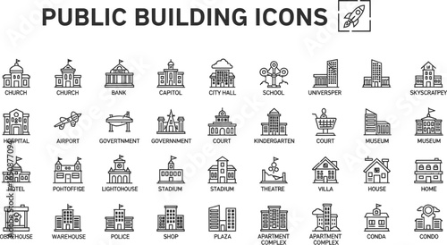 Public building icons vector set architecture cityscape outline design