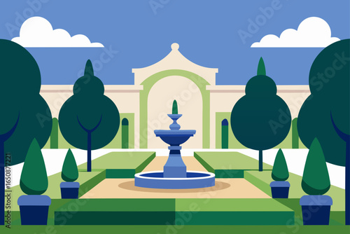 Elegant Courtyard with Fountains and Sculpted Topiary