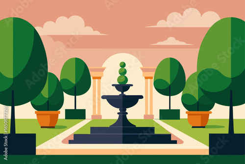 Elegant Courtyard with Fountains and Sculpted Topiary