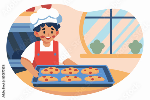 Boy in chef hat and apron excitedly looking at tray of cookies, aromatic steam rising