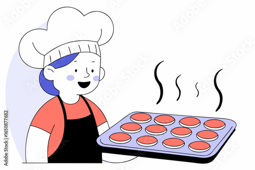 Boy in chef hat and apron excitedly looking at tray of cookies, aromatic steam rising