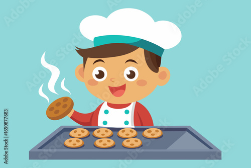 Boy in chef hat and apron excitedly looking at tray of cookies, aromatic steam rising