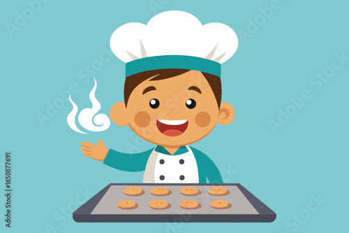 Boy in chef hat and apron excitedly looking at tray of cookies, aromatic steam rising