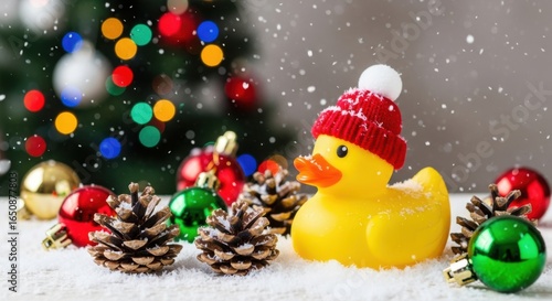 Cute Yellow Duck Wears Santa Hat Surrounded by Pine Cones and Ornaments on Snowy Christmas Tree Background