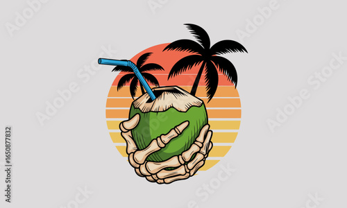A unique design featuring a skeleton hand holding a coconut drink with a tropical sunset backdrop, symbolizing carefree summer vibes and a hint of the macabre.